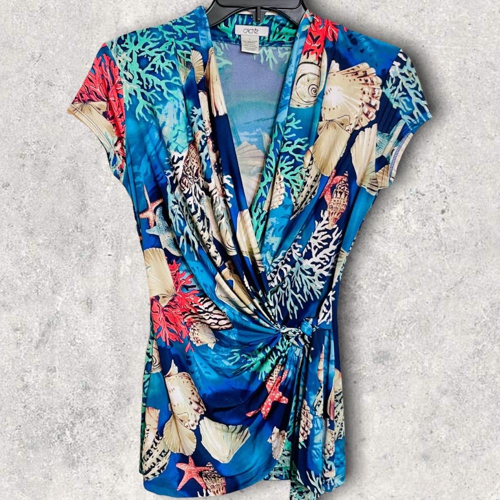 Like New Cache Ocean Print Faux Wrap Top - image 2